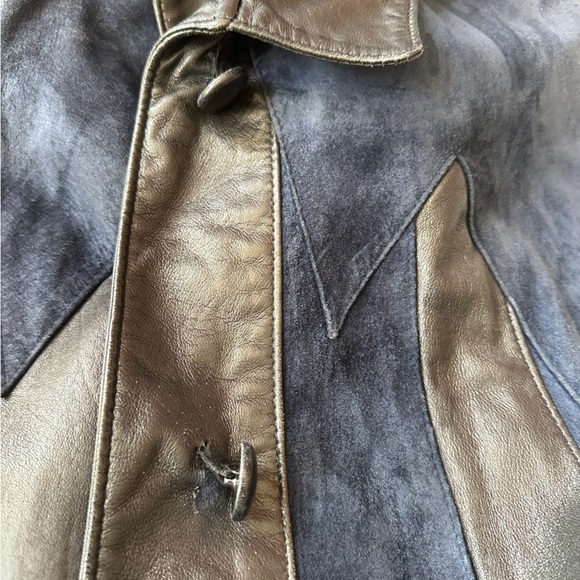 VINTAGE LEATHER SUEDE STRIPED TRENCH COAT LONG JACKET WESTERN BIKER UNISEX M L - Picture 10 of 11